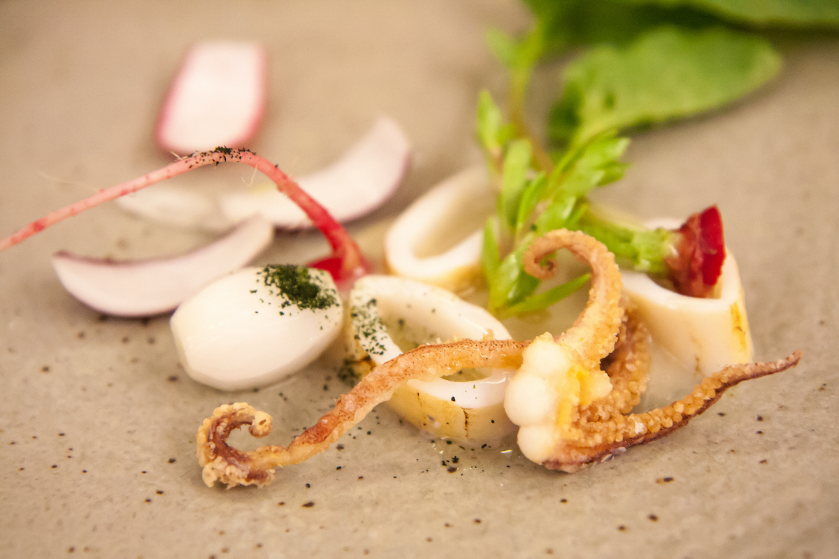 Una presentación moderna de calamares con rábanos y cebollas en un plato gris